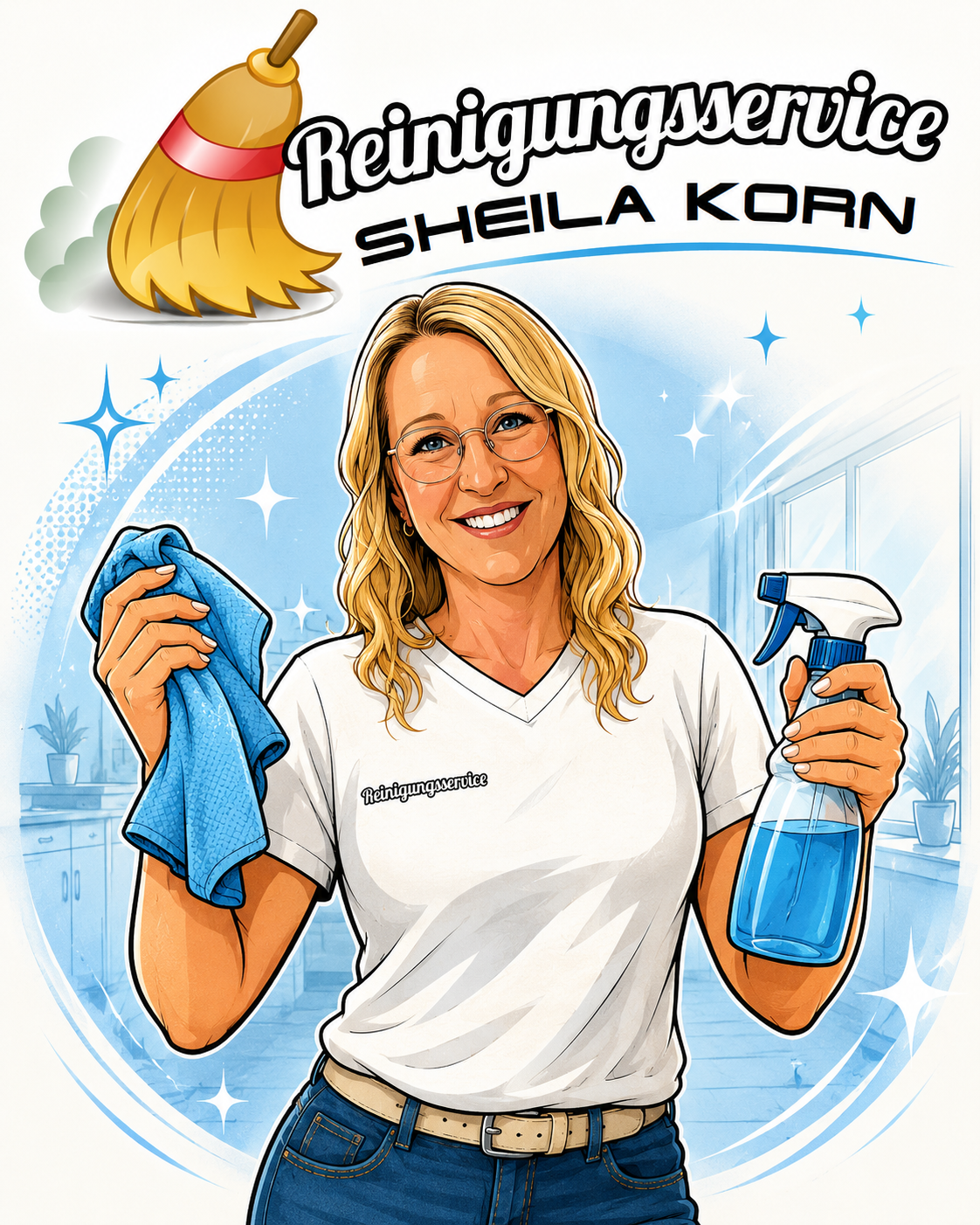 Sheila Korn, Inhaberin Reinigungsservice Korn, mit Putztuch und Reiniger